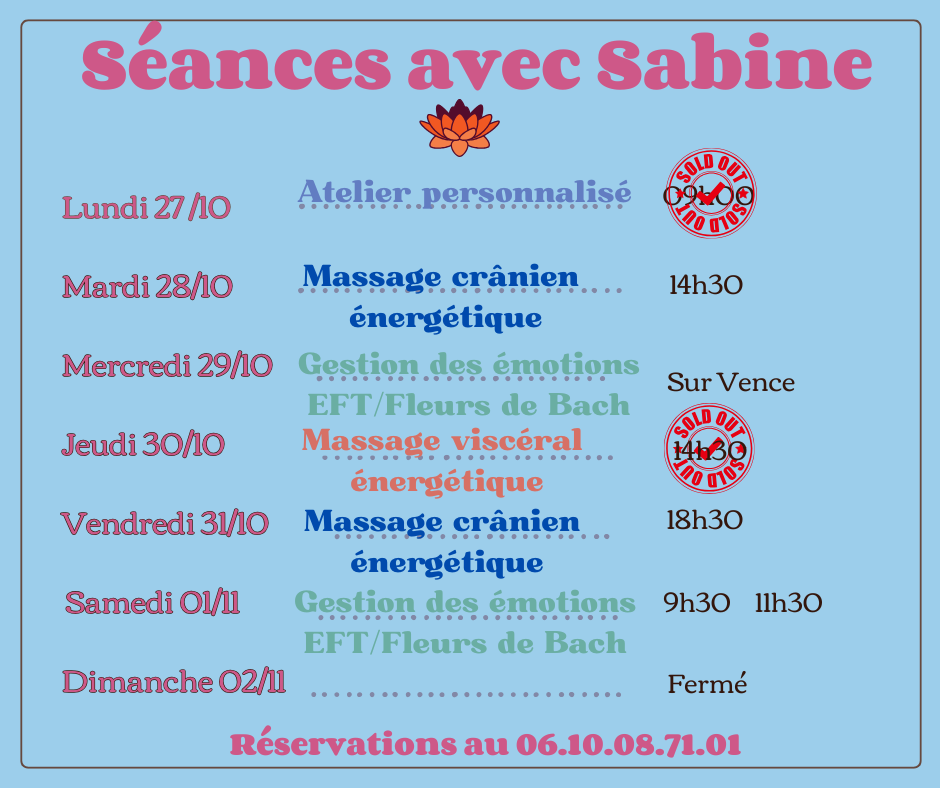 Disponibilités semaine du 27 octobre au 2 novembre 2025