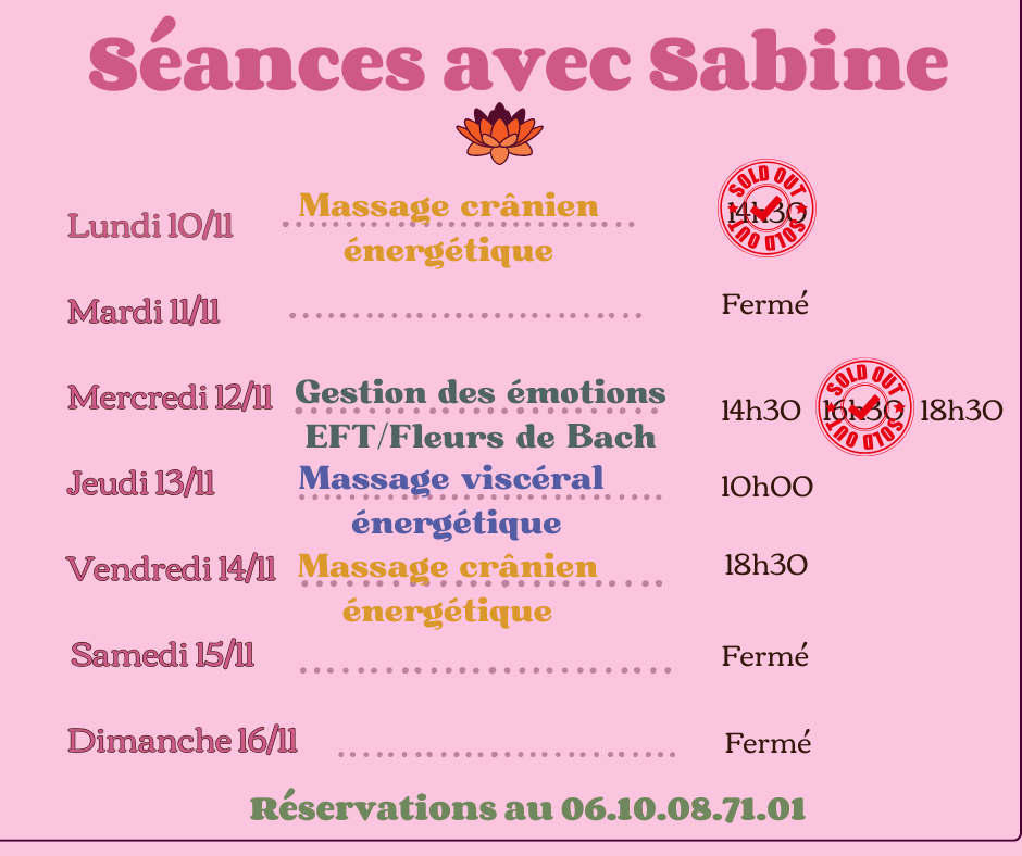 Disponibilités semaine du 10 au 16 novembre 2025