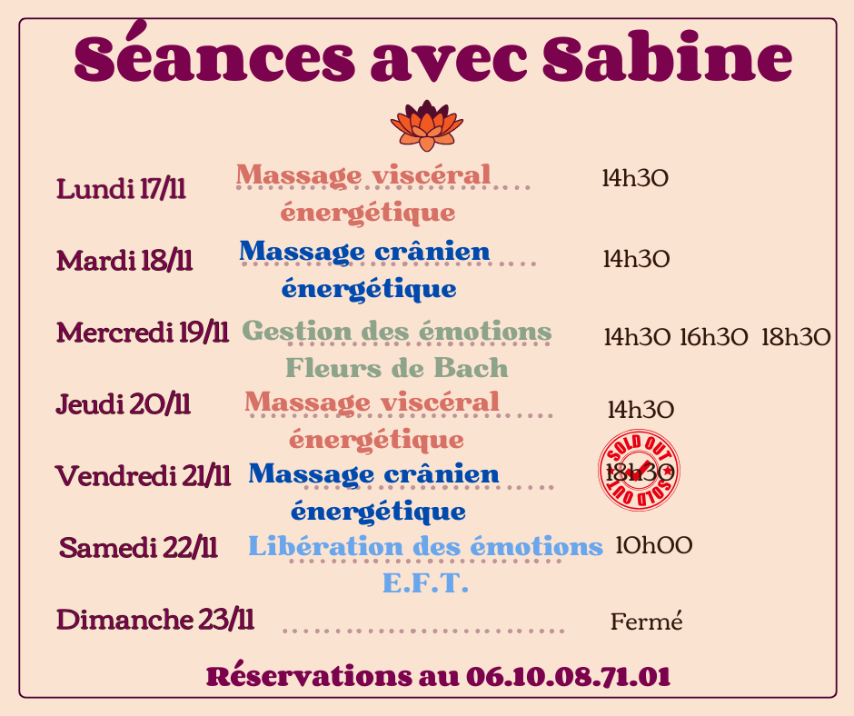 Disponibilités semaine du 17 au 23 novembre 2025