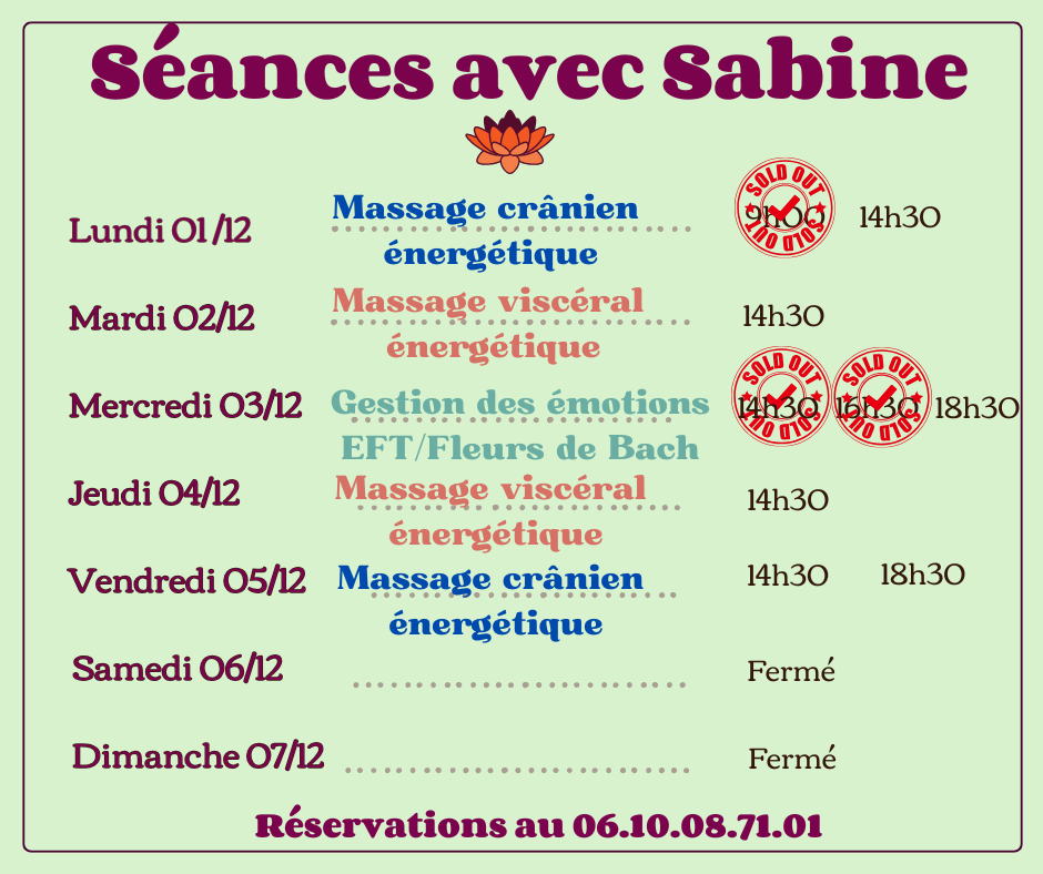 Disponibilités semaine du 1 au 6 décembre 2025