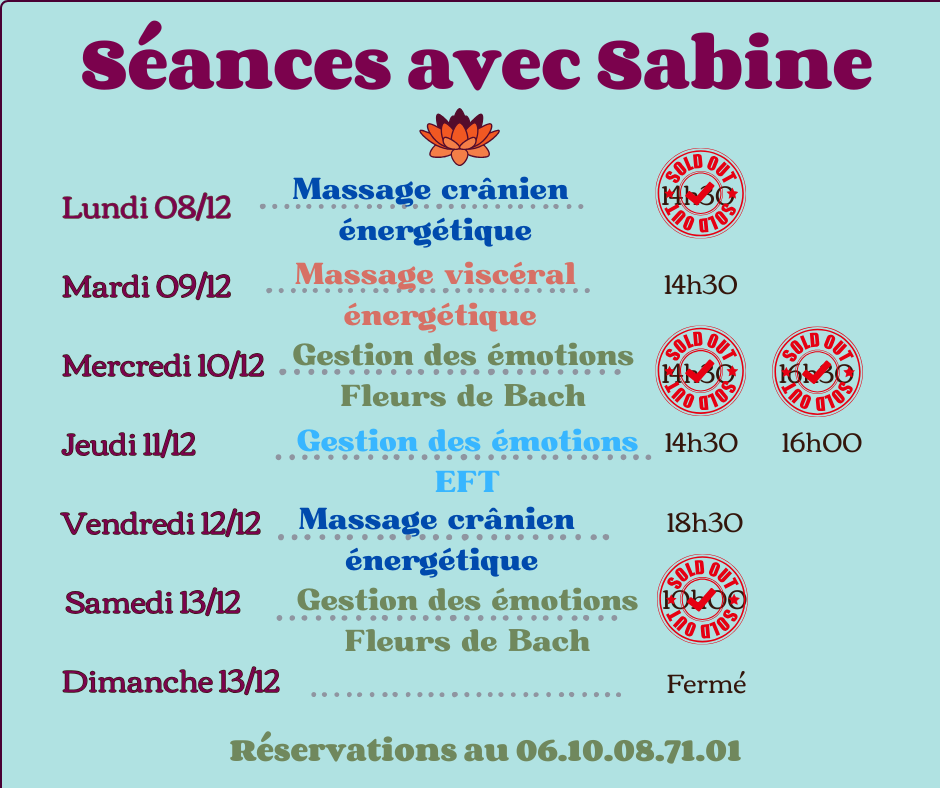 Disponibilités semaine du 8 au 13 décembre 2025