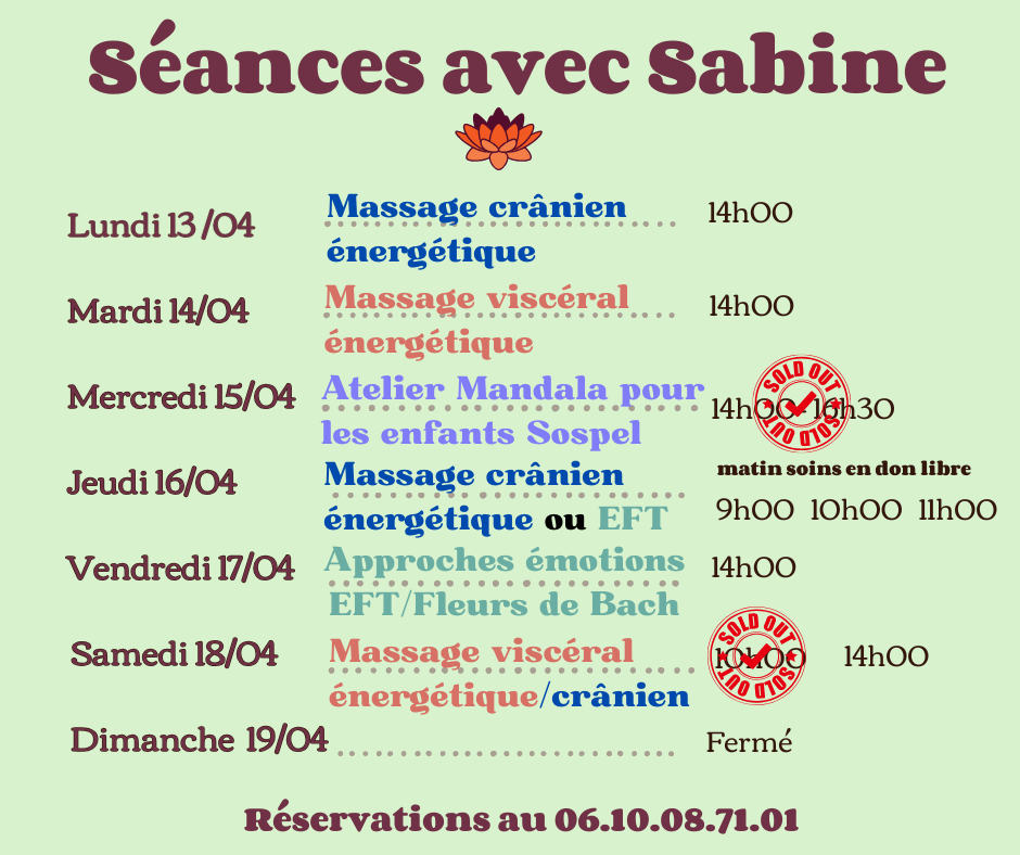 Disponibilités 13 au 18 avril 2026